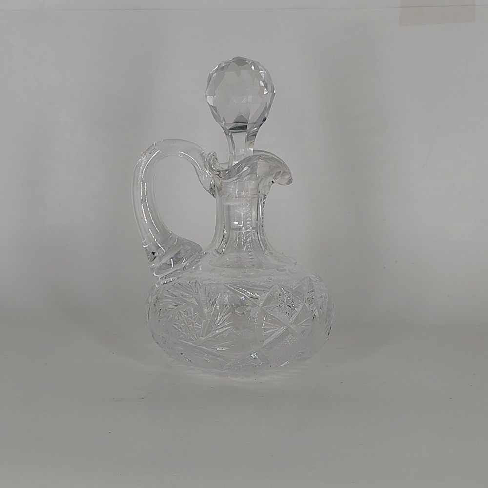 Vintage Cut Glass Cruet Faceted Ball Stopper Notched 6”
